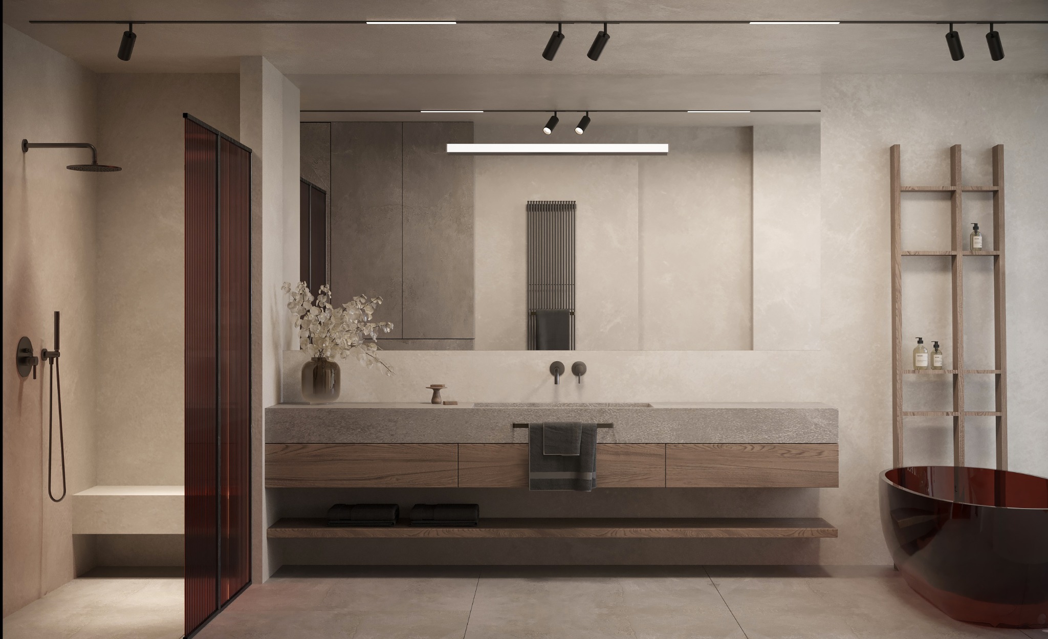 Nowoczesna aranżacja łazienki w Gnieznie. Umywalka z szarego kamienia i drewnianymi szafkami, czerwona wanna wolnostojąca, szklana kabina prysznicowa i minimalistyczne oświetlenie.