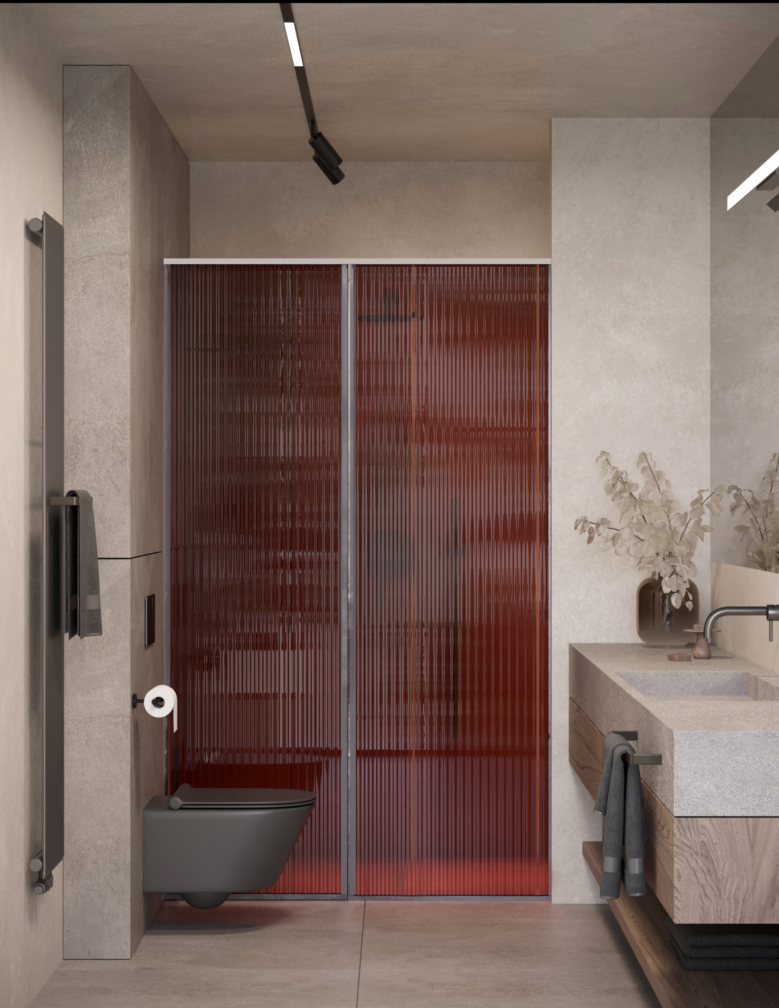 Nowoczesna łazienka z kabiną prysznicową z czerwonego, ryflowanego szkła, szarą toaletą podwieszaną i kamienną umywalką z drewnianą szafką.