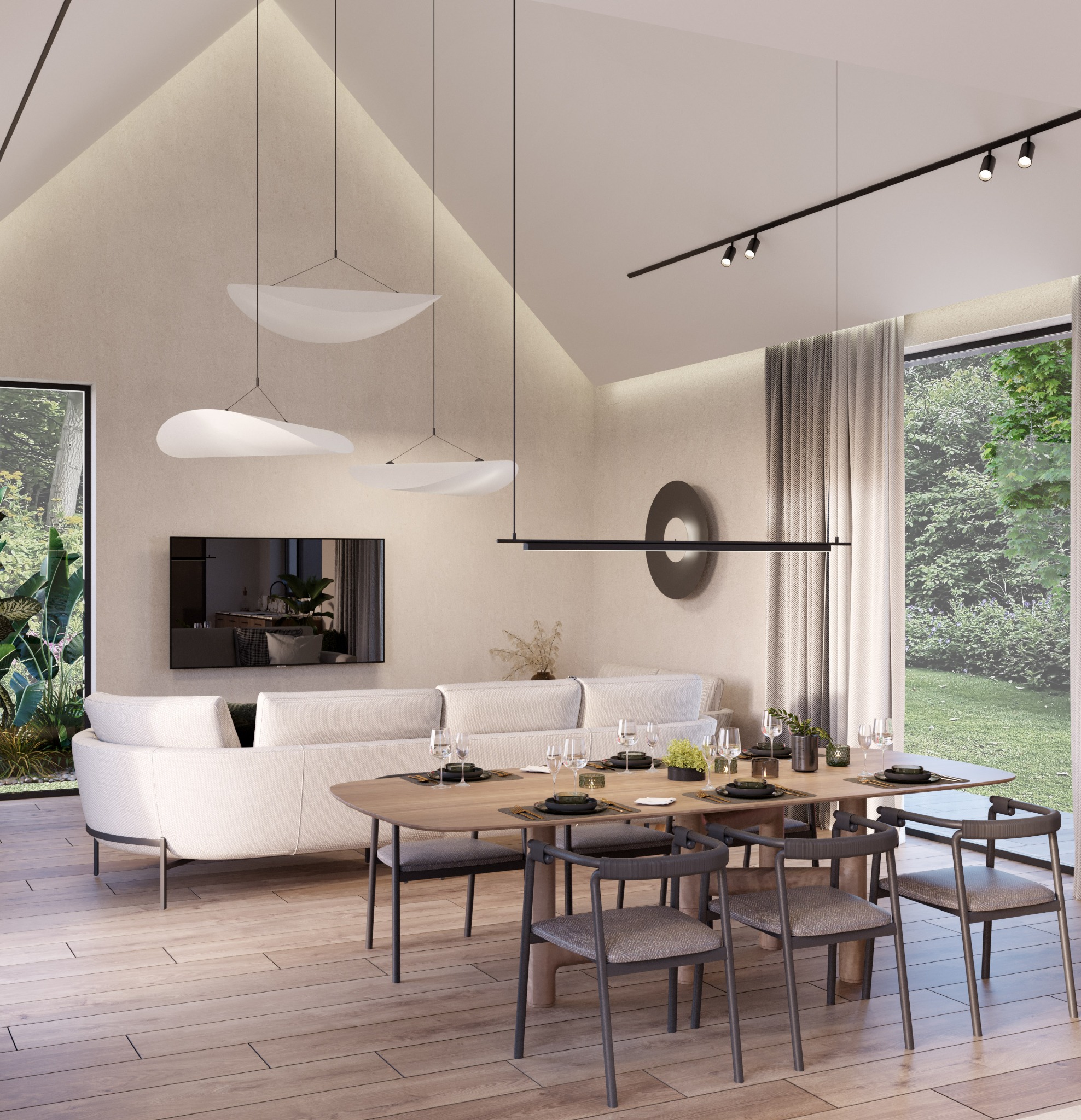 Jasne wnętrze domu z drewnianą podłogą, stołem jadalnym i sofą. Minimalistyczne lampy wiszące i duże okna z widokiem na zieleń. Nowoczesny design.