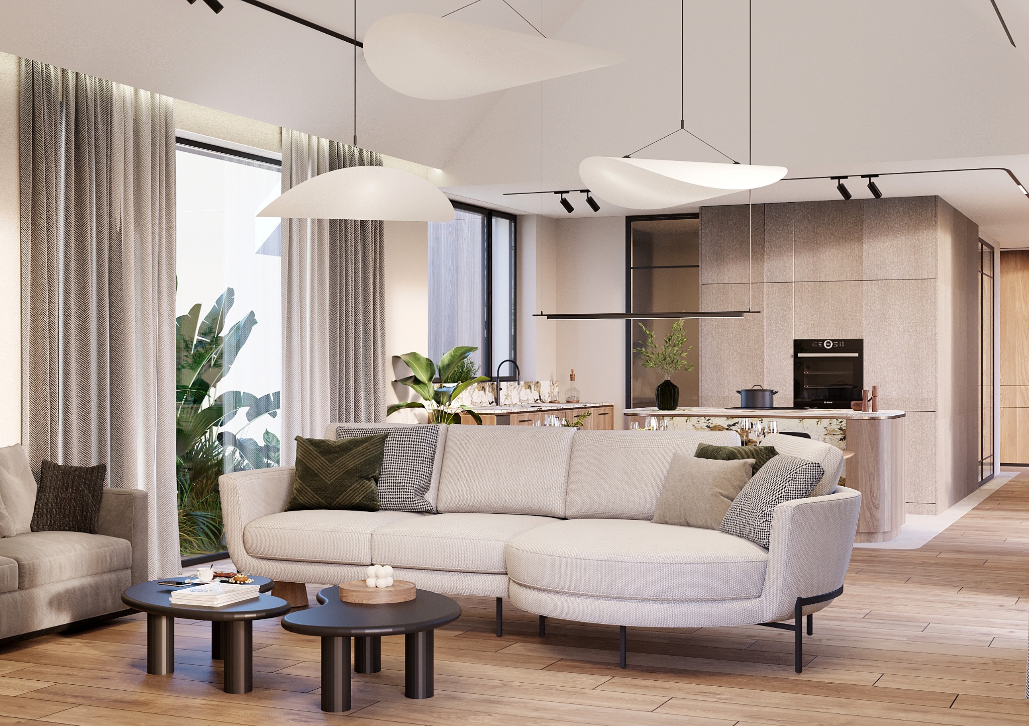 Jasne, przestronne wnętrze z sofą narożną, drewnianą podłogą i nowoczesnym oświetleniem. Widok na kuchnię z wyspą. Duże okna z zasłonami w tle.