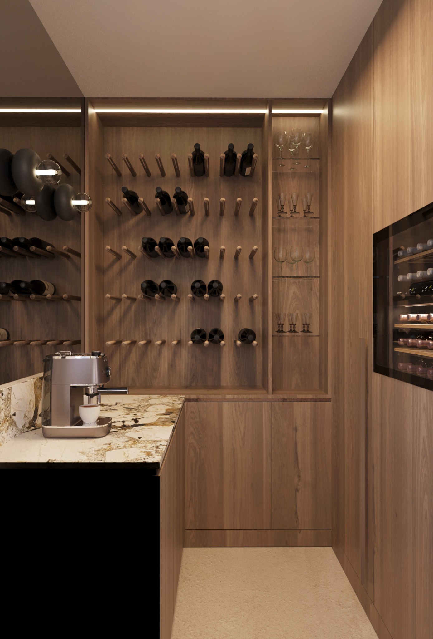 Nowoczesna aranżacja barku w mieszkaniu: drewniane półki na wino, szklanki, ekspres do kawy na blacie z marmuru, chłodziarka do wina. Ciepłe oświetlenie.