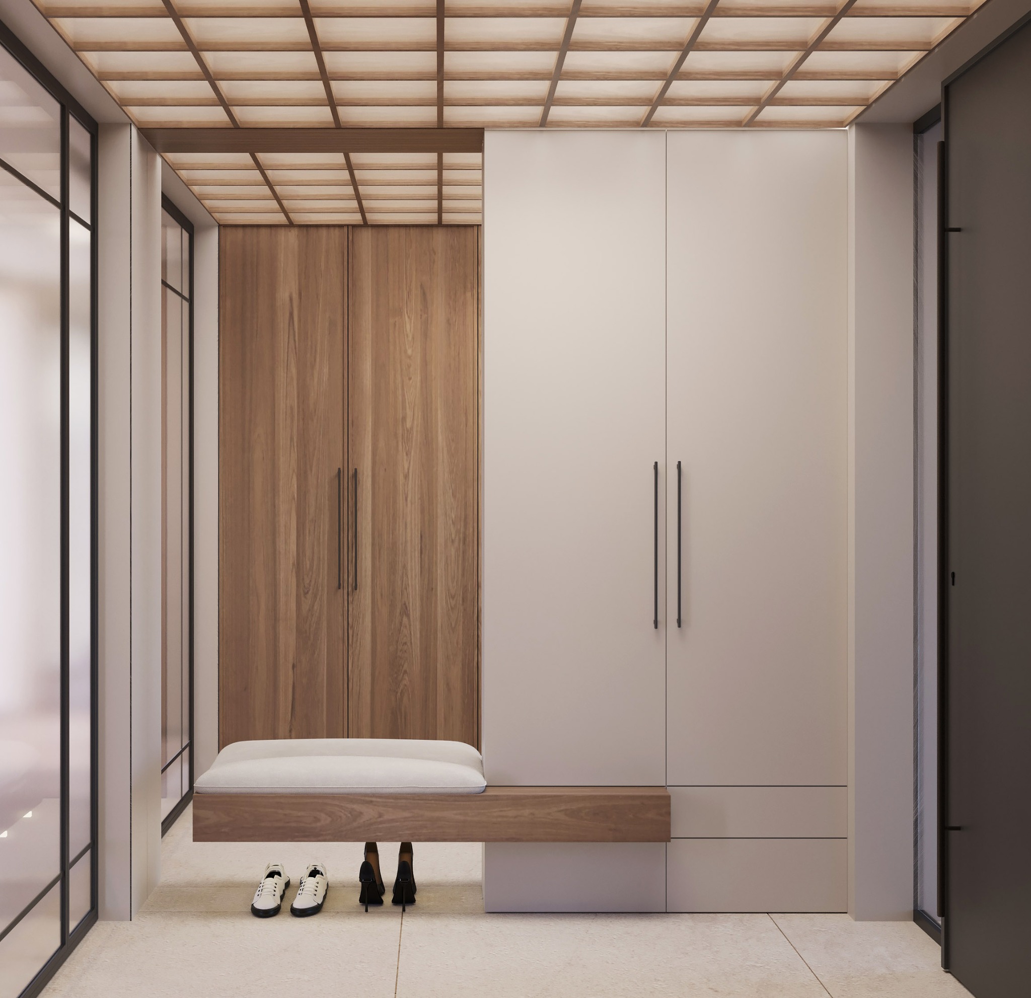 Nowoczesna garderoba z drewnianymi i białymi szafami, siedziskiem z poduszką i parą butów. Geometryczny sufit z podświetleniem. Minimalistyczny design.