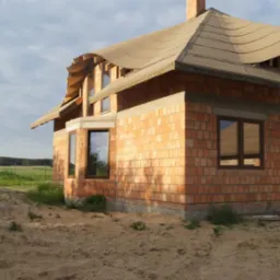 Niedokończony dom z cegły ceramicznej i częściowo ułożonym, falistym pokryciem dachowym. Widoczne okna w brązowych ramach. W tle łąka i las.