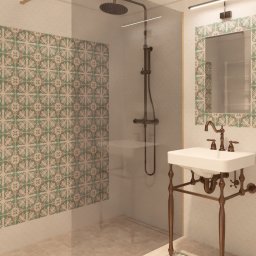 La Tua Isola Studio Julia Białaszewska - Wizualizacja łazienki z kabiną prysznicową typu walk-in, umywalką na ozdobnych nogach w stylu retro i wzorzystymi płytkami w odcieniach zieleni i beżu.