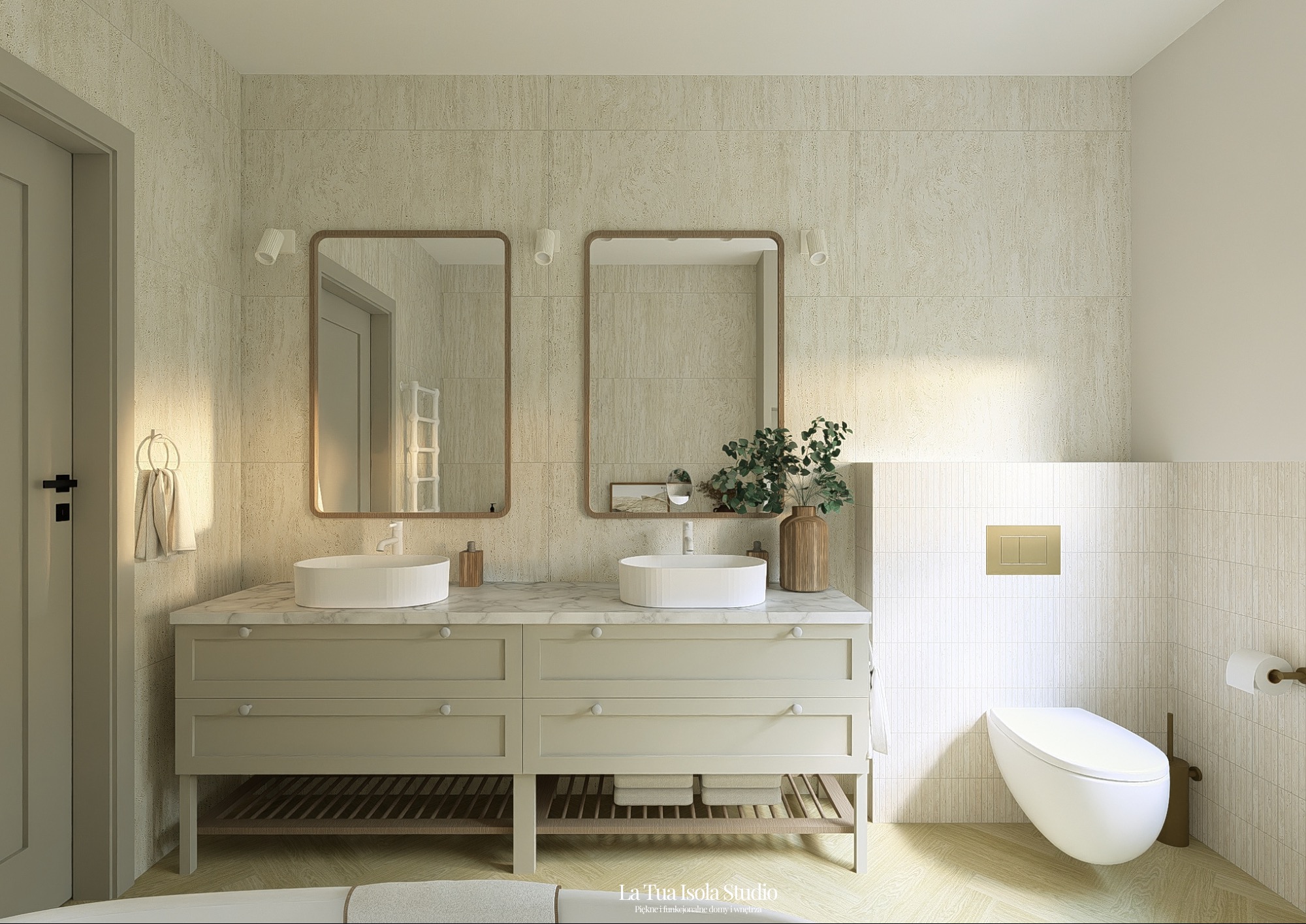 Jasna łazienka w stylu klasycznym: podwójna umywalka nablatowa na szafce z marmurowym blatem, lustra w drewnianych ramach, beżowe płytki na ścianach i podłodze.