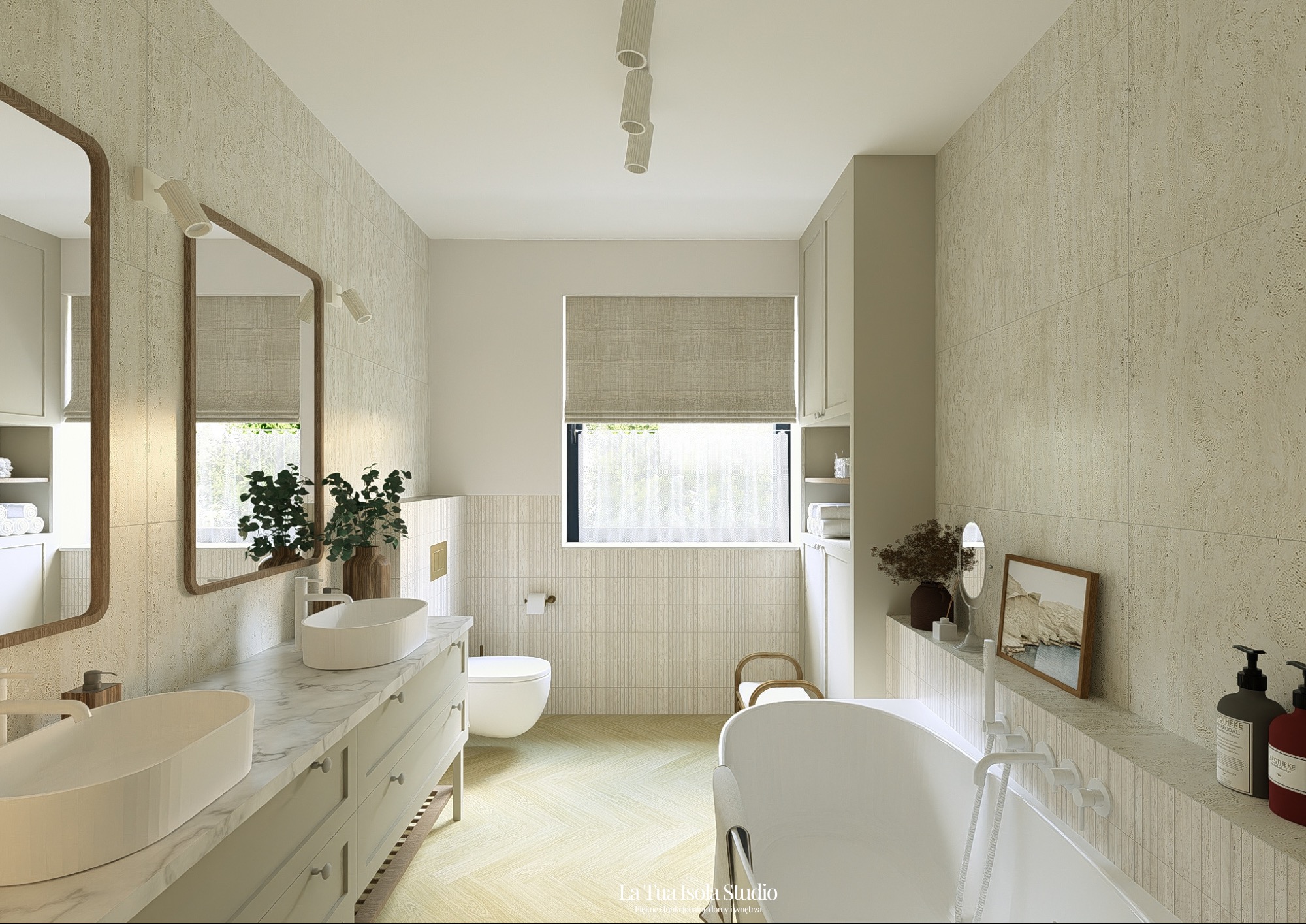 Jasna łazienka z dwoma umywalkami na blacie z marmuru, owalną wanną i beżowymi płytkami. Lustra w drewnianych ramach i subtelne oświetlenie.