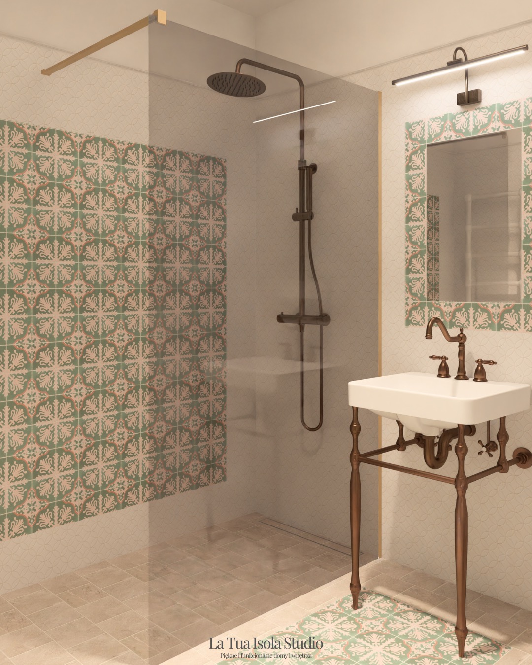 Wizualizacja łazienki z kabiną prysznicową typu walk-in, umywalką na ozdobnych nogach w stylu retro i wzorzystymi płytkami w odcieniach zieleni i beżu.