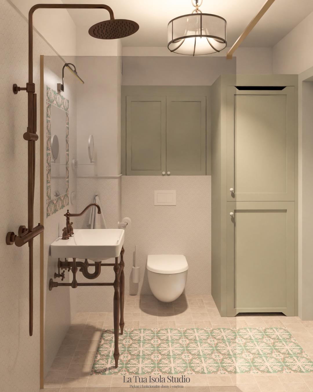 Stylowa łazienka z kabiną prysznicową typu walk-in, umywalką na ozdobnym stelażu i toaletą. Uwagę przykuwają miedziane elementy armatury i wzorzysta podłoga.