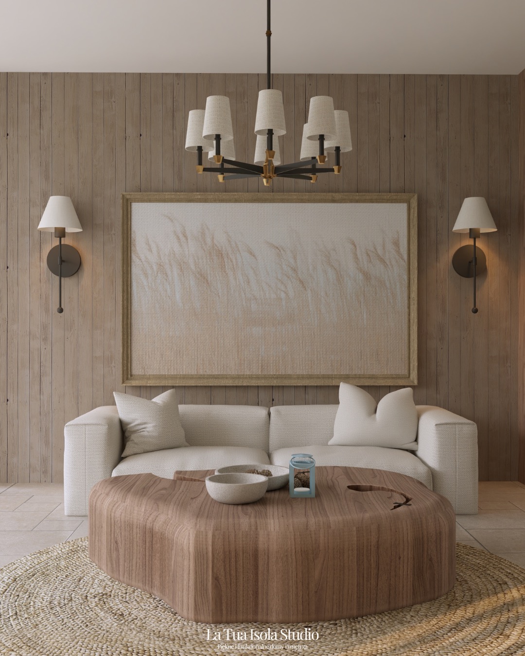 Salon w stylu boho: drewniana ściana, sofa z poduszkami, okrągły dywan i unikalny stolik kawowy z misami. Nad sofą obraz w ramie i lampy ścienne.