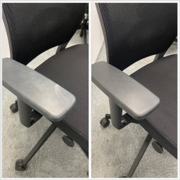 Re An Cleaning Andrii Zakitniuk - Zdjęcie 'przed i po' czyszczenia podłokietnika czarnego krzesła biurowego na kółkach. Po prawej stronie widoczny czysty podłokietnik, po lewej zabrudzony.