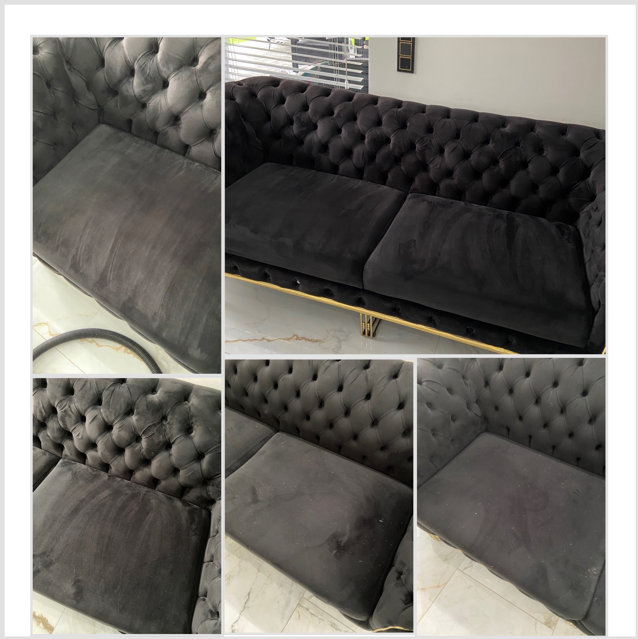 Czyszczenie ciemnej, pikowanej sofy z weluru. Widoczne różnice w odcieniach po czyszczeniu, marmurowa podłoga i złote nóżki sofy.
