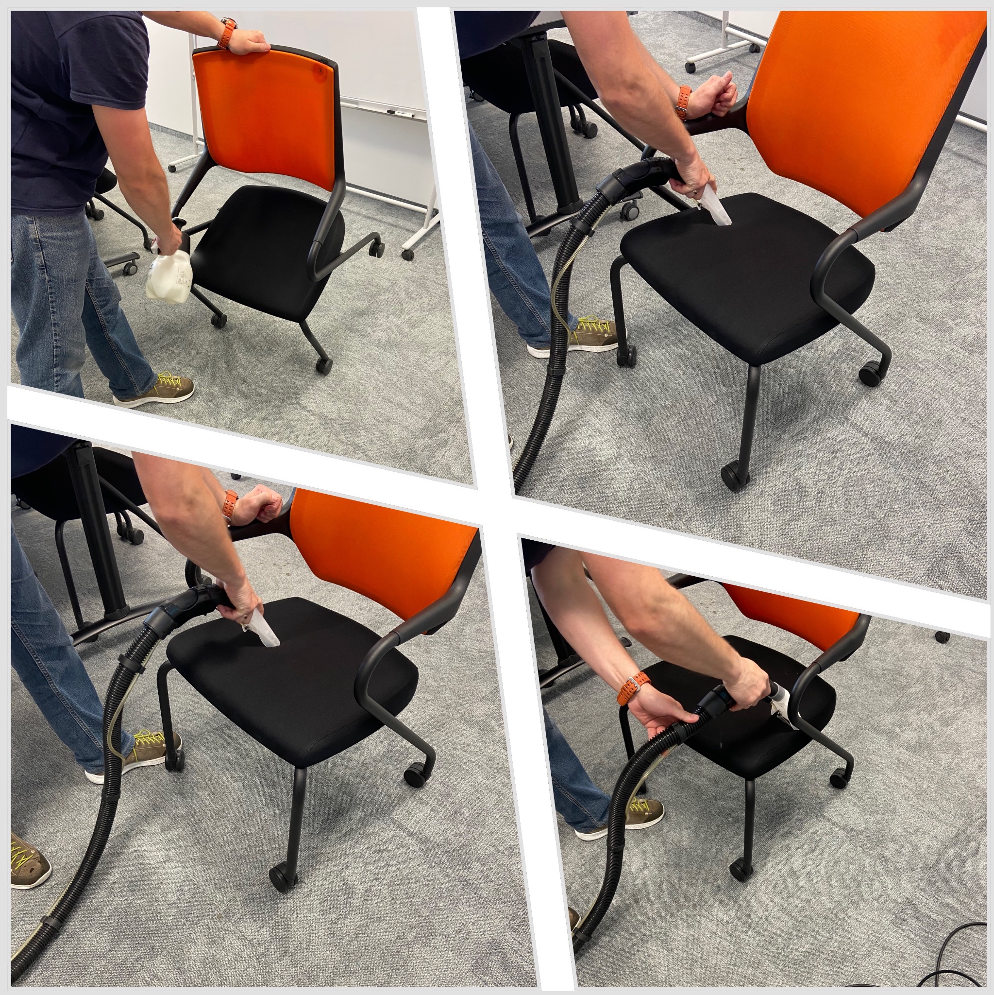 Czyszczenie tapicerki krzesła biurowego z pomarańczowym oparciem za pomocą odkurzacza piorącego. Widoczne dłonie osoby wykonującej usługę i fragment podłogi biurowej.