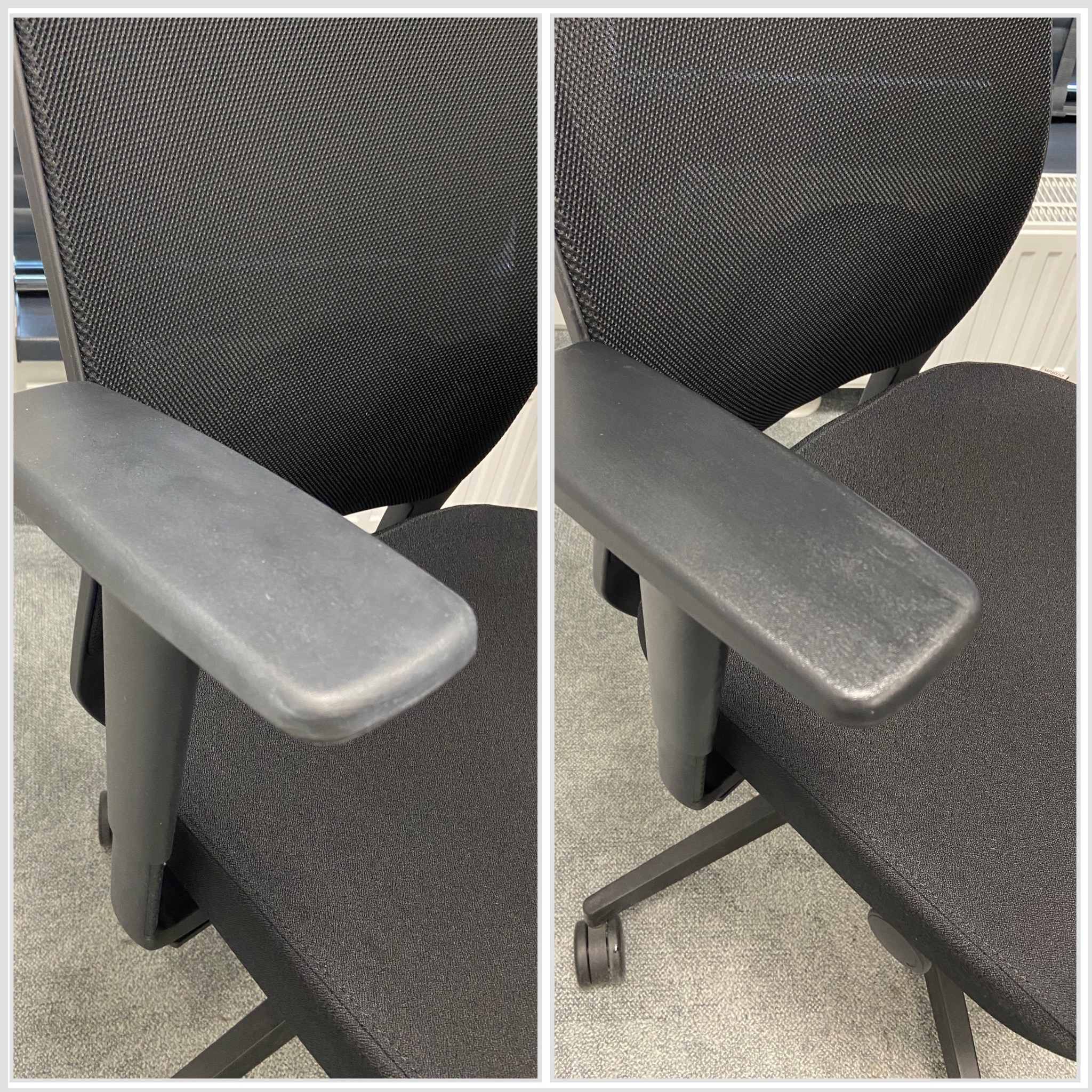 Część czarnego krzesła biurowego z widocznymi śladami użytkowania na podłokietniku, ukazująca potencjalny efekt czyszczenia tapicerki.