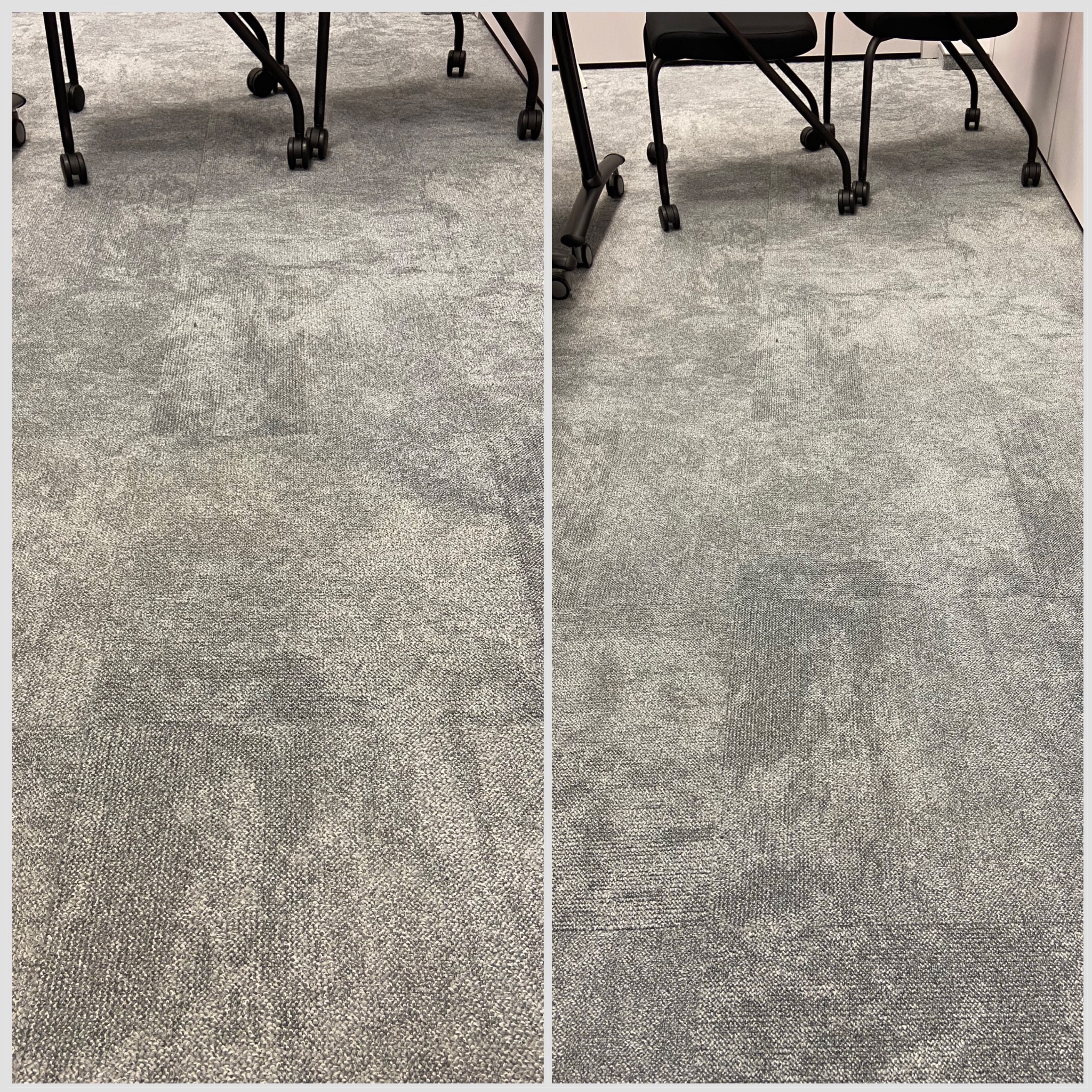 Zdjęcie dywanu biurowego przed i po czyszczeniu, z widoczną różnicą w odcieniu i usuniętych plamach. W tle fragmenty krzeseł na kółkach.