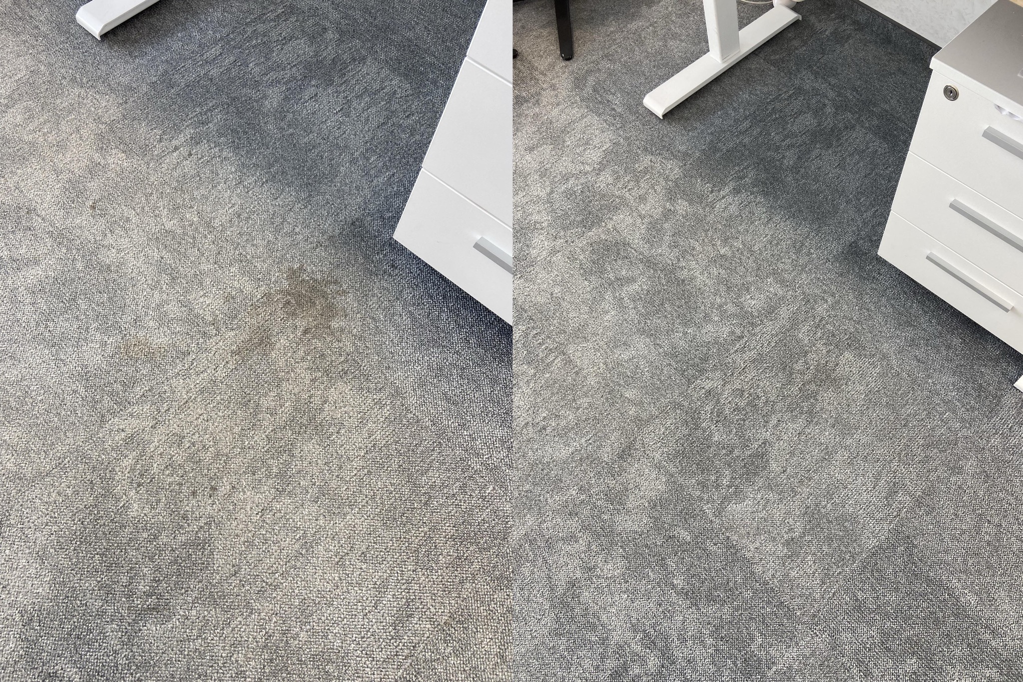 Dywan biurowy przed i po czyszczeniu, widoczne różnice w odcieniu szarości i usunięte plamy, fragmenty mebli biurowych w kadrze.