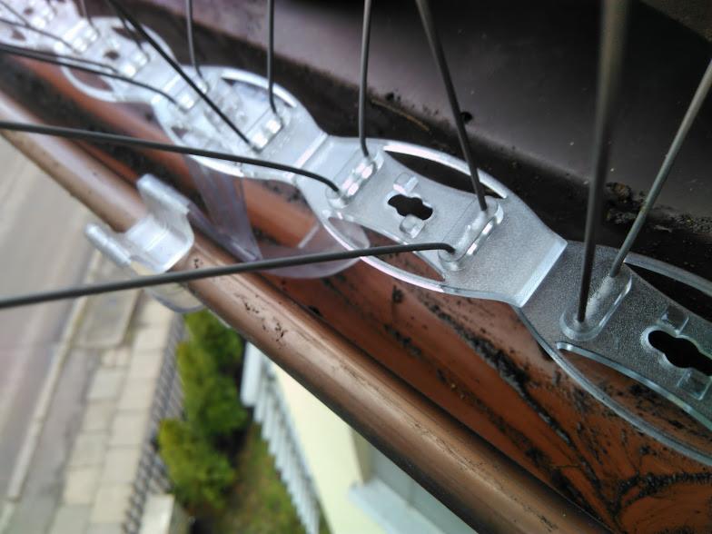 Zabezpieczenie rynny przed ptakami: plastikowe kolce z metalowymi drutami, przymocowane do miedzianej rynny, widok z góry na ulicę i zieleń.