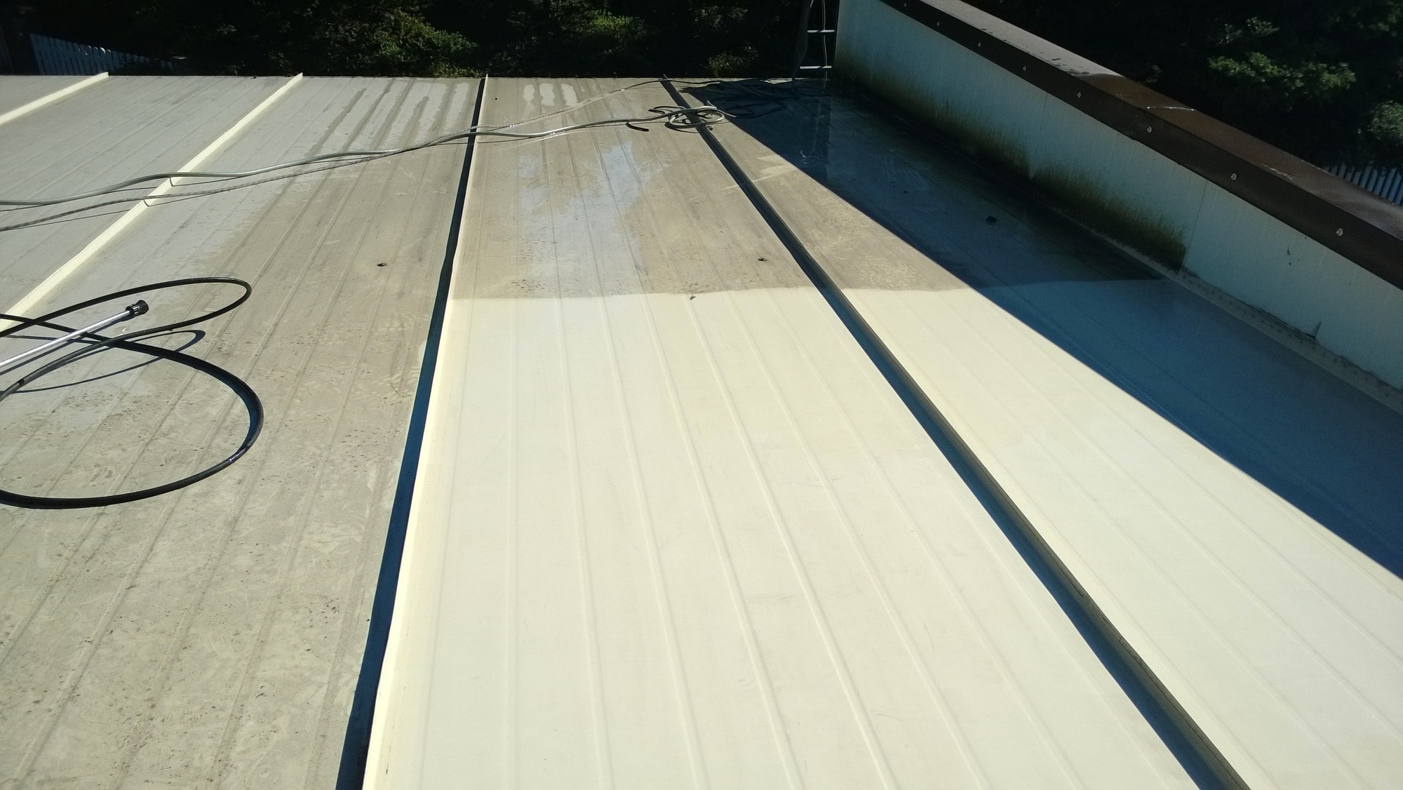 Dach z blachy trapezowej częściowo umyty, widoczna różnica między czystą białą powierzchnią a brudną szarą, w tle zieleń drzew.