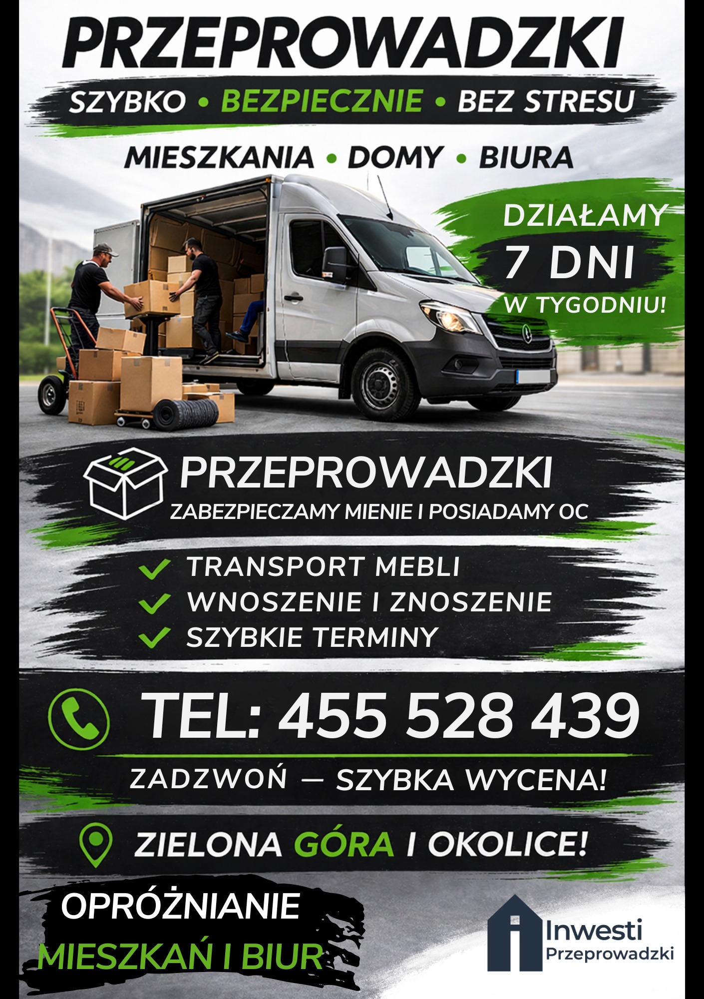 Grafika reklamowa: Przeprowadzki mieszkań, domów, biur. Szybko, bezpiecznie, bez stresu. Transport mebli, wnoszenie, szybkie terminy. Działamy 7 dni w tygodniu.