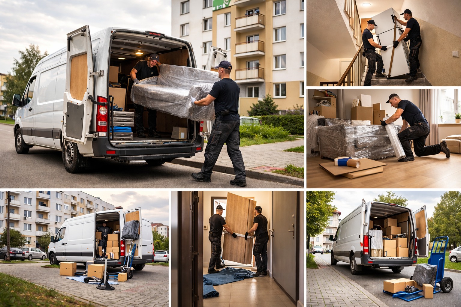 Montaż zdjęć: Ekipa przeprowadzkowa wnosi zapakowaną sofę do białego busa na tle bloku mieszkalnego. Dodatkowe ujęcia: wnoszenie lodówki po schodach, pakowanie mebli.