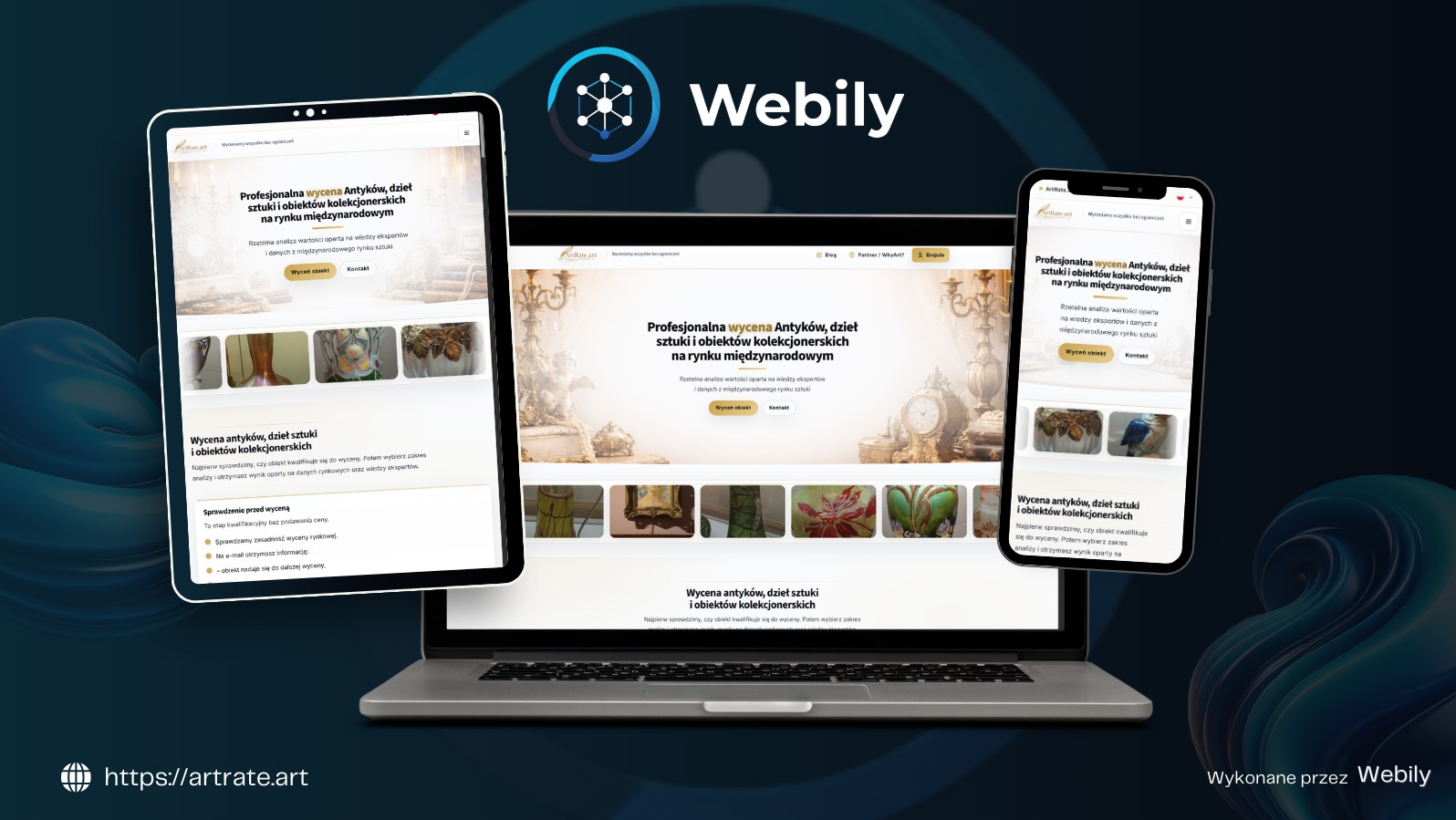 Responsywna strona internetowa na laptopie, tablecie i smartfonie, prezentująca ofertę wyceny antyków. Projekt strony wykonany w Kczewie przez Webily.