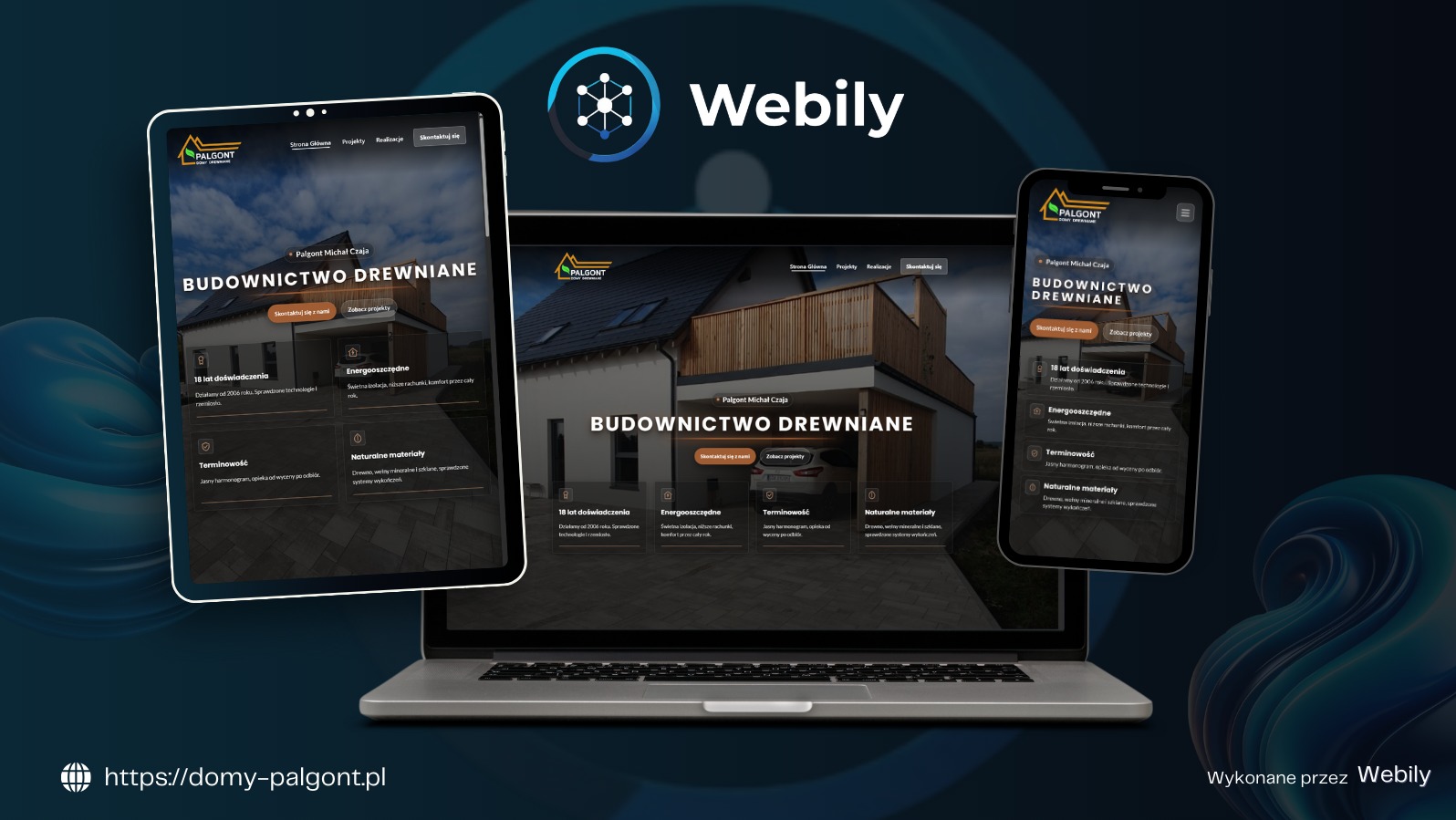 Responsywna strona WWW firmy budowlanej na laptopie, tablecie i smartfonie. Prezentacja projektu 'Budownictwo Drewniane' z logo Palgont. Wykonane przez Webily.