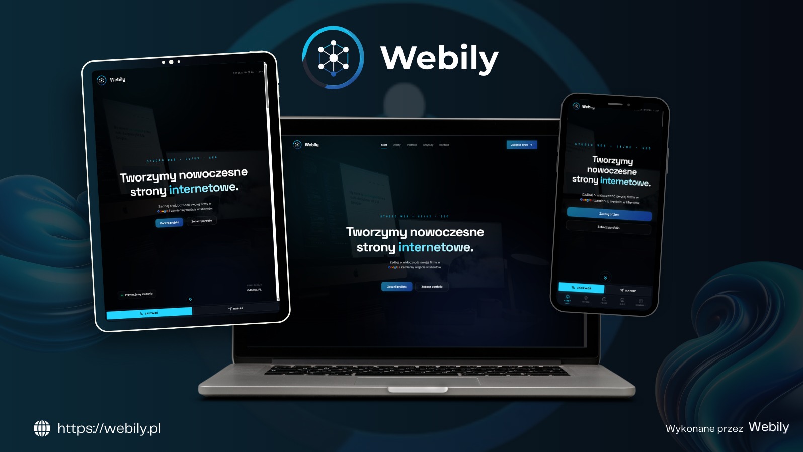 Responsywny design strony internetowej Weblily na laptopie, tablecie i smartfonie. Nowoczesny interfejs użytkownika z hasłem: Tworzymy nowoczesne strony internetowe.