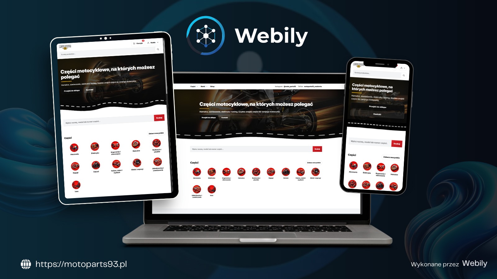 Responsywna strona WWW na laptopie i tablecie, prezentująca sklep z częściami motocyklowymi. Widoczne logo Webily i adres strony motoparts93.pl.