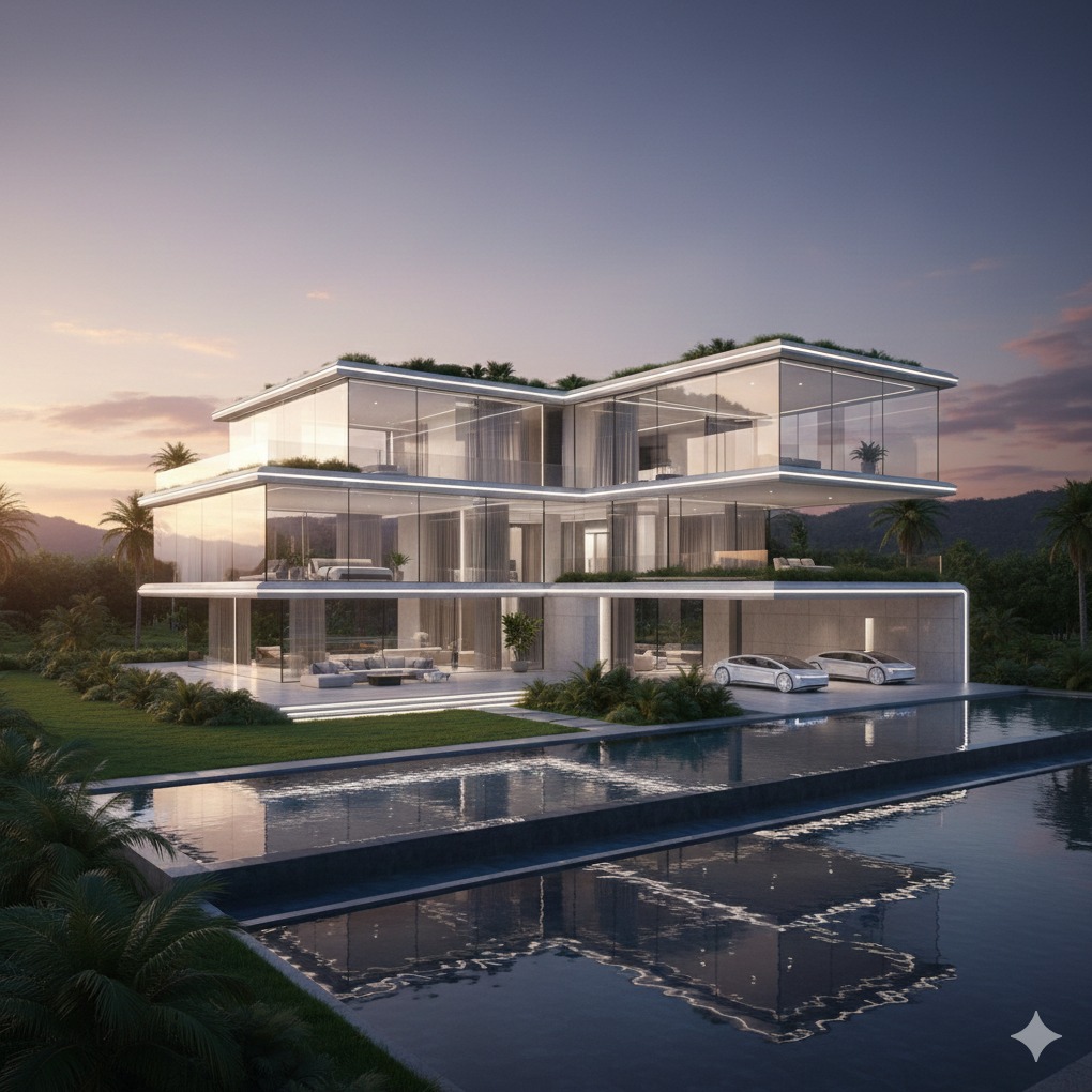 Nowoczesna, trzypiętrowa willa z basenem i garażem na dwa samochody, otoczona zielenią, z widokiem na góry o zmierzchu. Minimalistyczny design z dużymi przeszkleniami.