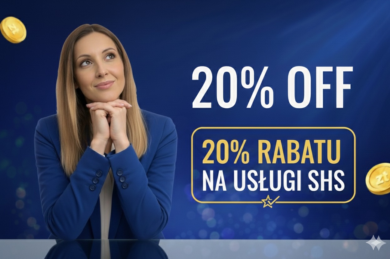 Promocja 20% na usługi SHS. Kobieta w niebieskim żakiecie zamyślona, spogląda w górę. Złote monety po bokach. Napis 20% OFF i 20% rabatu na usługi SHS.