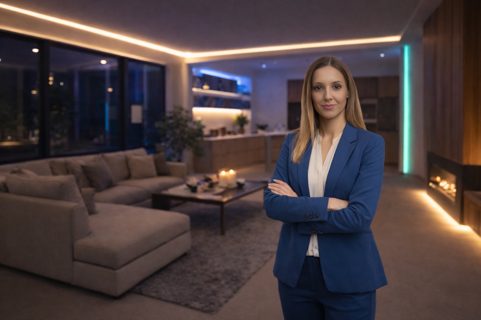 Kobieta w niebieskim garniturze na tle salonu z oświetleniem LED. Nowoczesny design wnętrza z kominkiem i wygodną sofą. Profesjonalny wizerunek.