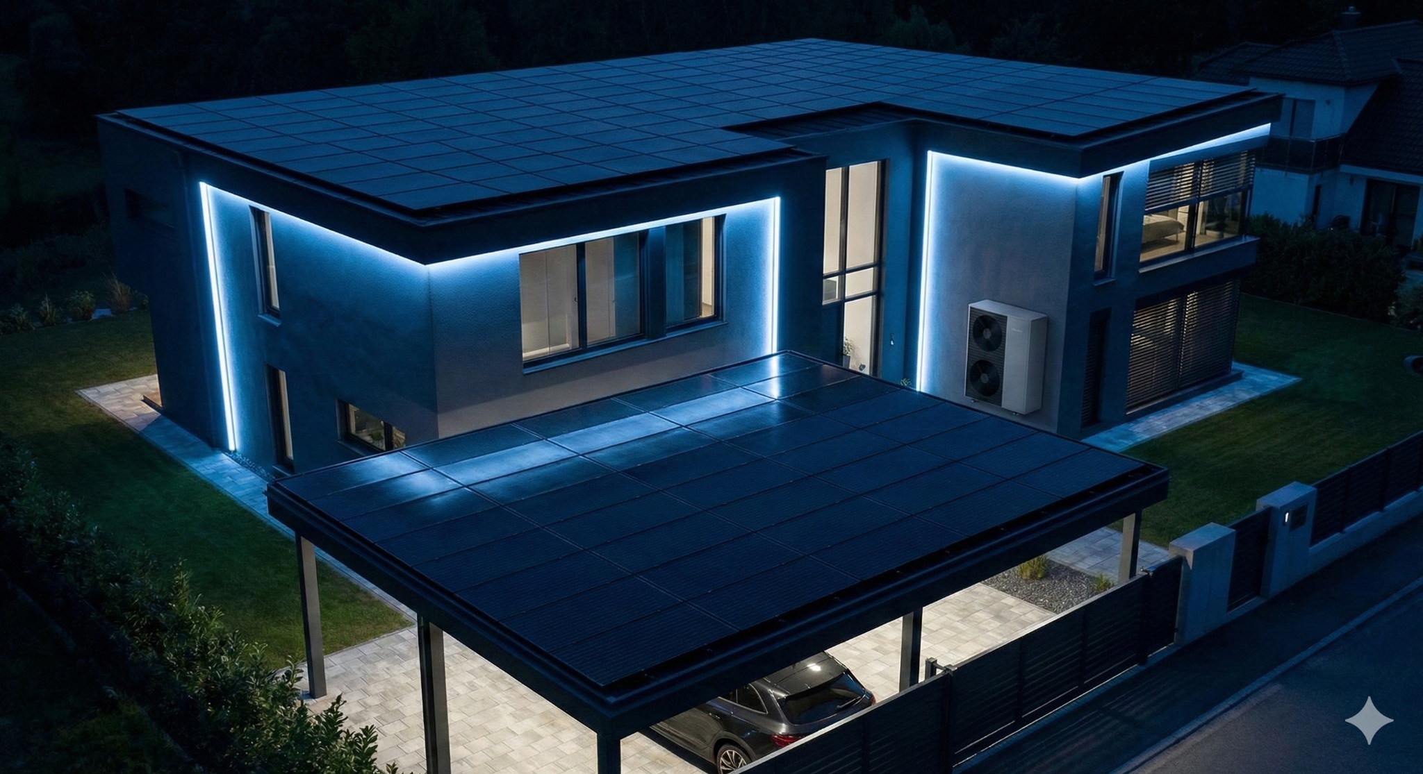Nowoczesny dom z panelami słonecznymi na dachu i wiacie garażowej, oświetlony niebieskimi ledami. Widoczna pompa ciepła na elewacji. Ujęcie nocne z góry.