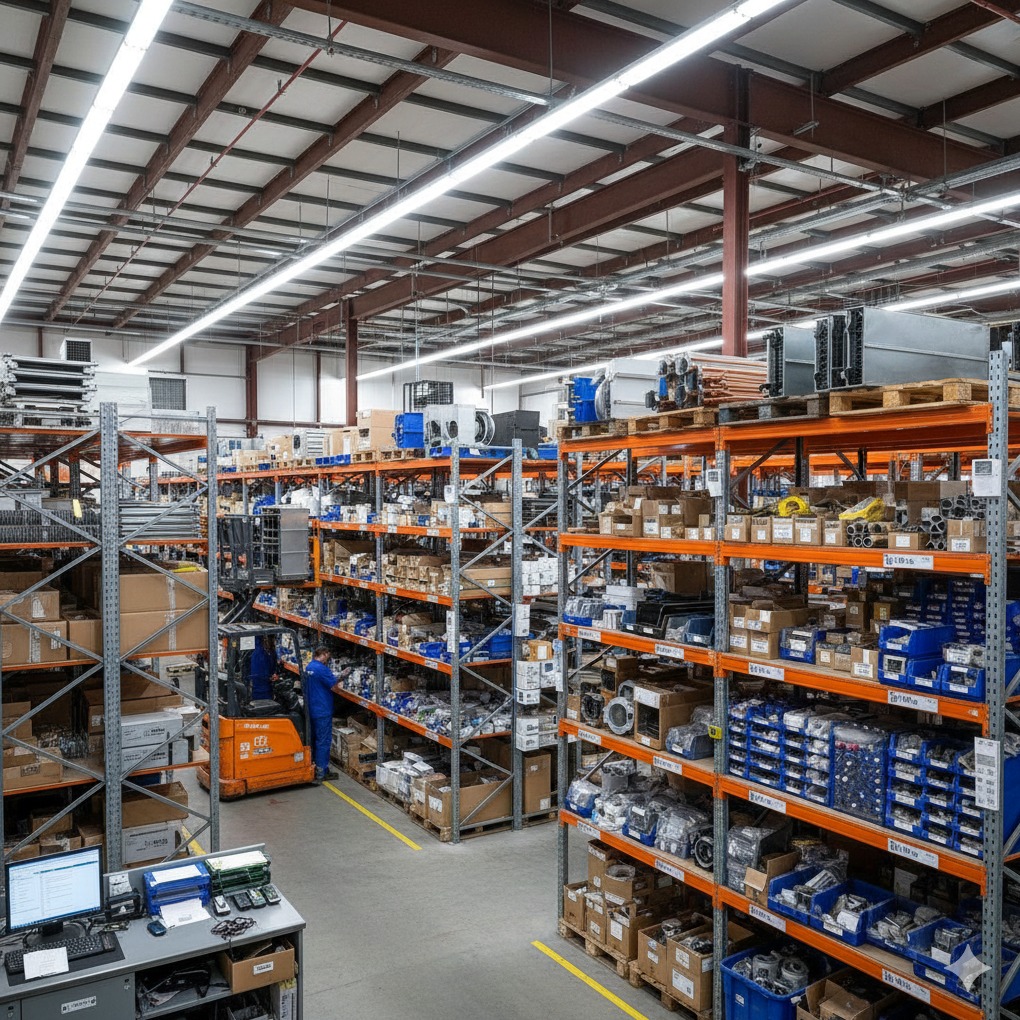 Magazyn z regałami pełnymi części hydraulicznych i grzewczych. W tle wózek widłowy z pracownikiem w niebieskim kombinezonie.