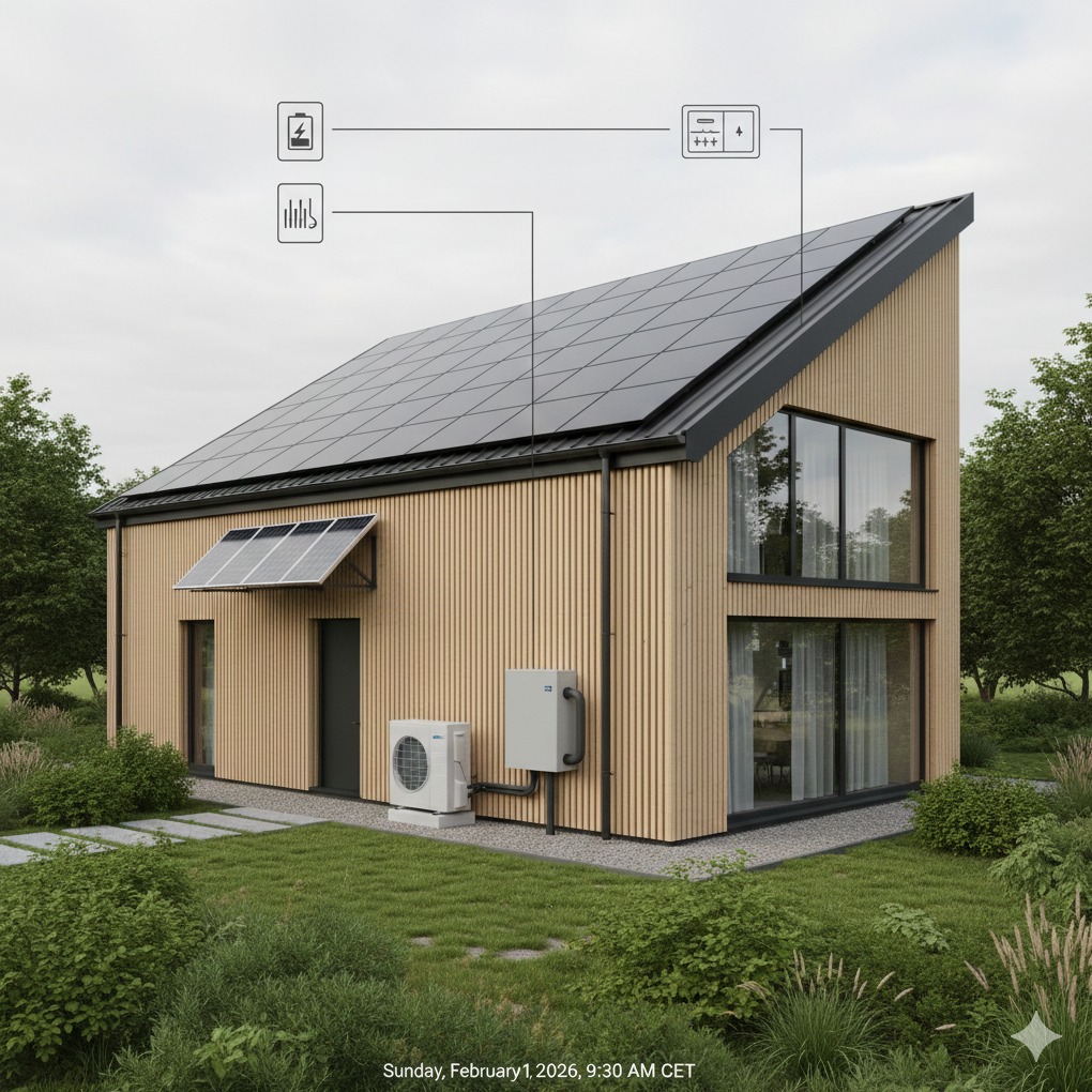 Nowoczesny dom z panelami słonecznymi na dachu i pompą ciepła na zewnątrz, otoczony zielenią. Widoczne schematy instalacji na elewacji. Ujęcie z poziomu ogrodu.