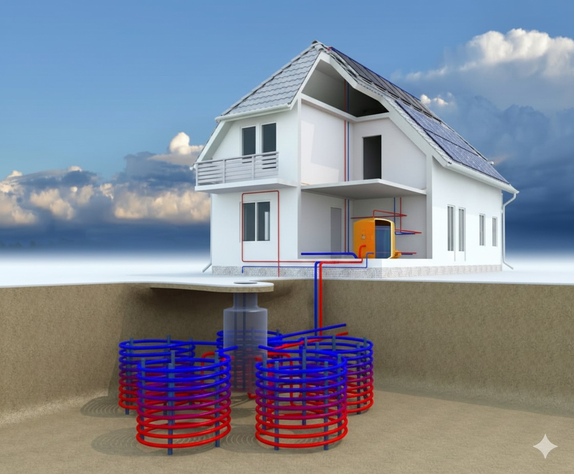 Schemat pompy ciepła w Zgierzu: przekrój domu z instalacją i kolektorami gruntowymi. Energia odnawialna, ogrzewanie ekologiczne, wizualizacja systemu.