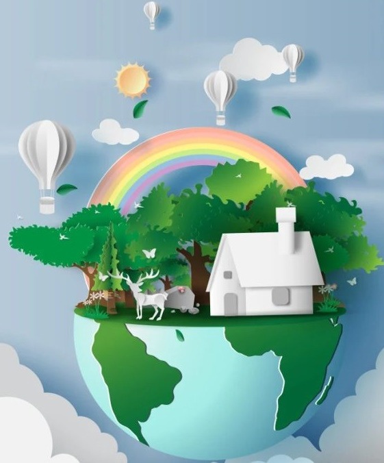 Ilustracja 3D: dom z kominem na zielonej półkuli, tęcza, balony, słońce, chmury. Koncepcja ekologicznego domu i czystej energii. Grafika w pastelowych barwach.