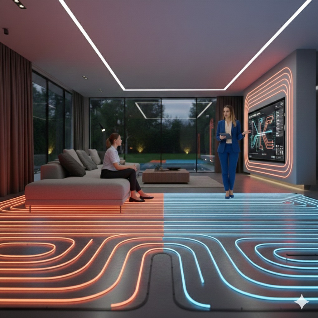 Nowoczesny salon z podświetlaną instalacją ogrzewania podłogowego w dwóch kolorach, prezentowany przez kobietę w garniturze. Druga kobieta siedzi na sofie.