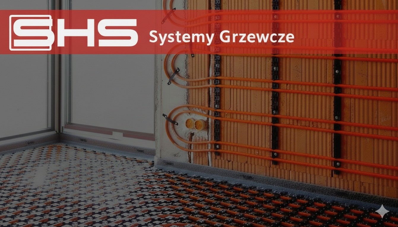 Pomarańczowe rury ogrzewania podłogowego i ściennego, zamocowane do ściany z pustaków, ułożone w regularnych odstępach. Widoczne mocowania i fragment okna.