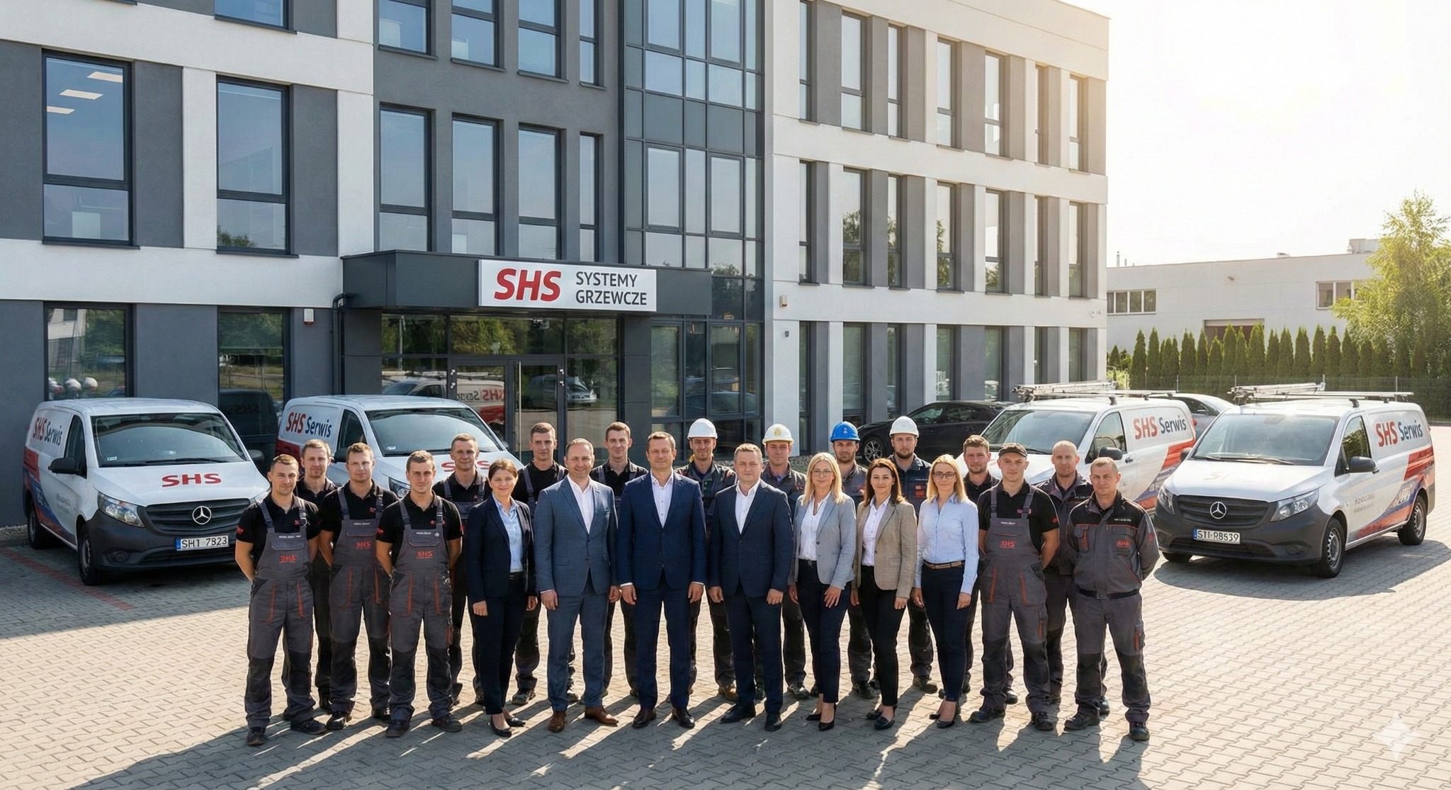 Zespół SHS Systemy Grzewcze przed budynkiem firmy i samochodami serwisowymi. Część osób w strojach roboczych, część w garniturach. Słoneczny dzień.