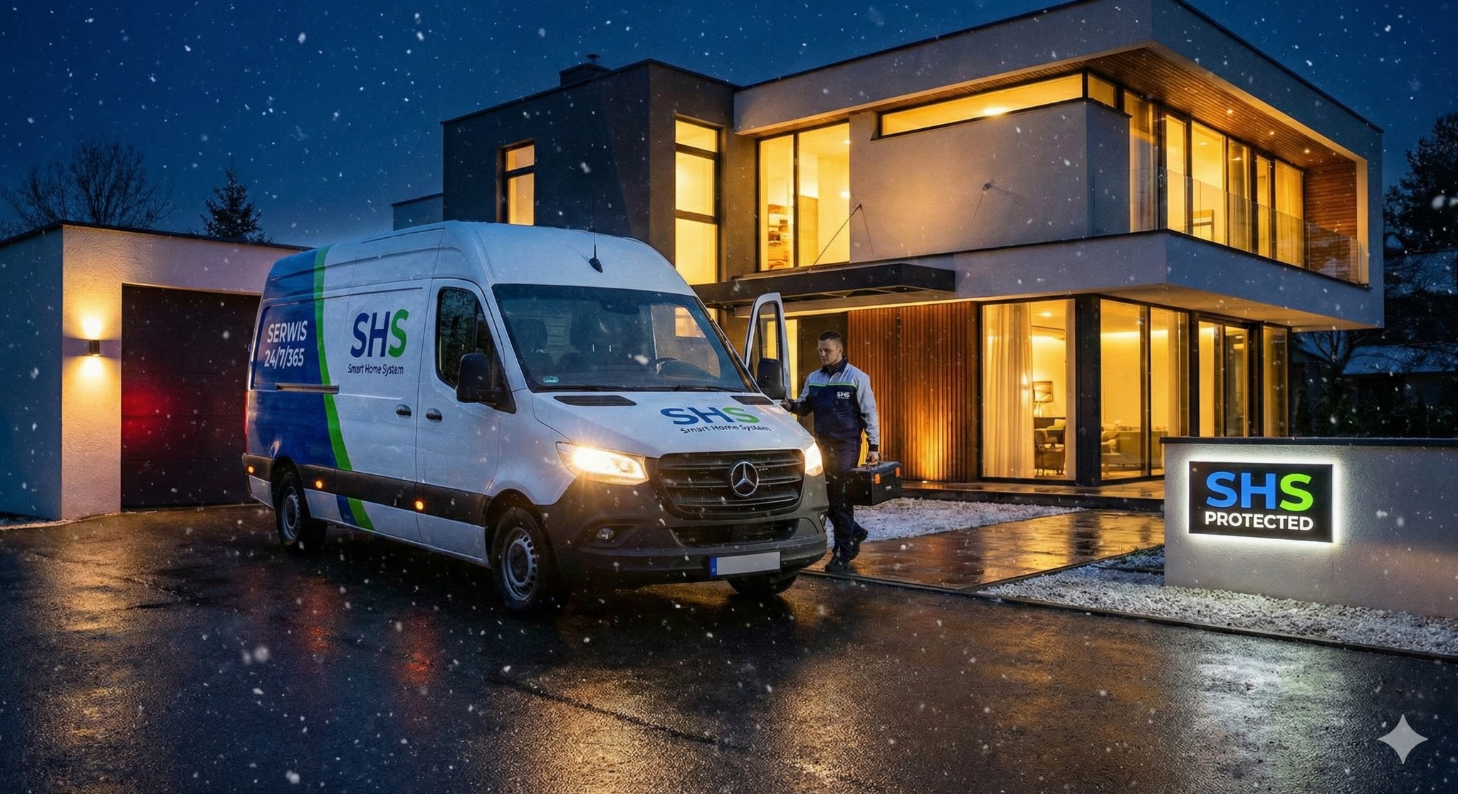 Serwis SHS Smart Home System przy nowoczesnym domu w zimowej scenerii. Pracownik z narzędziami wychodzi z firmowego busa. Oświetlony znak SHS Protected.