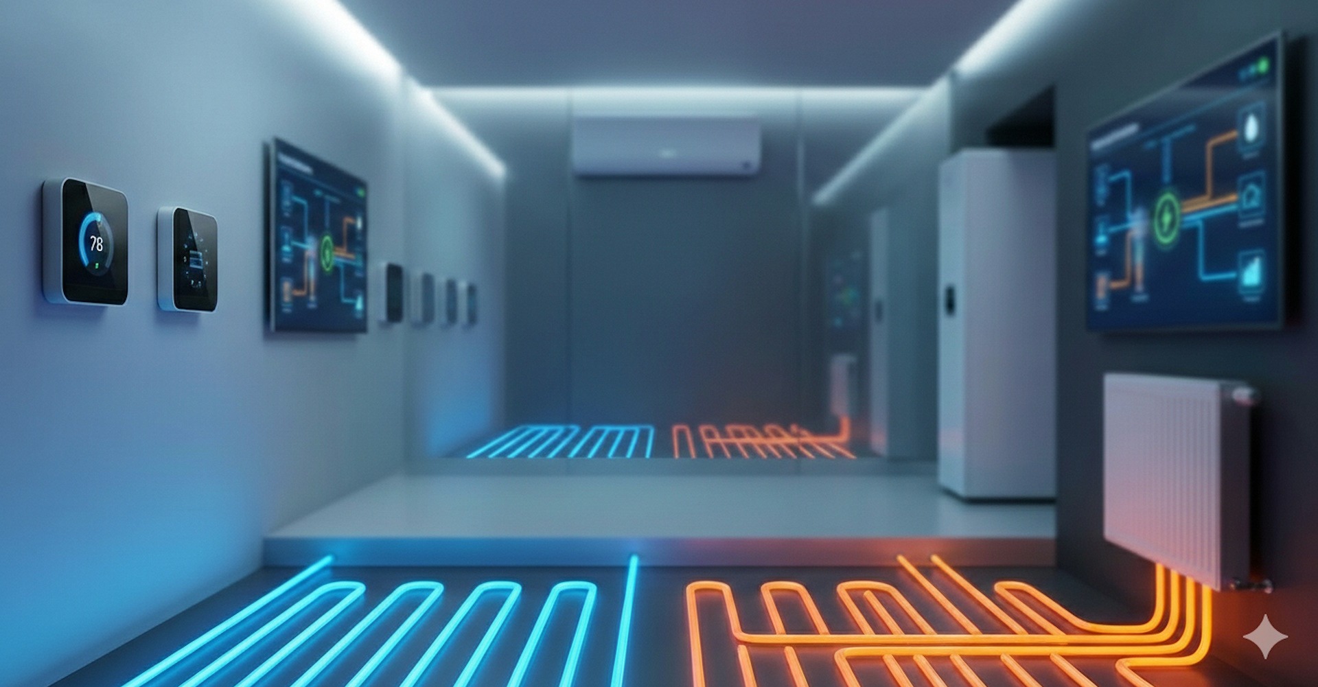 Nowoczesne wnętrze z systemem inteligentnego ogrzewania podłogowego, grzejnikiem i klimatyzacją. Na ścianie panele sterowania i schemat instalacji.