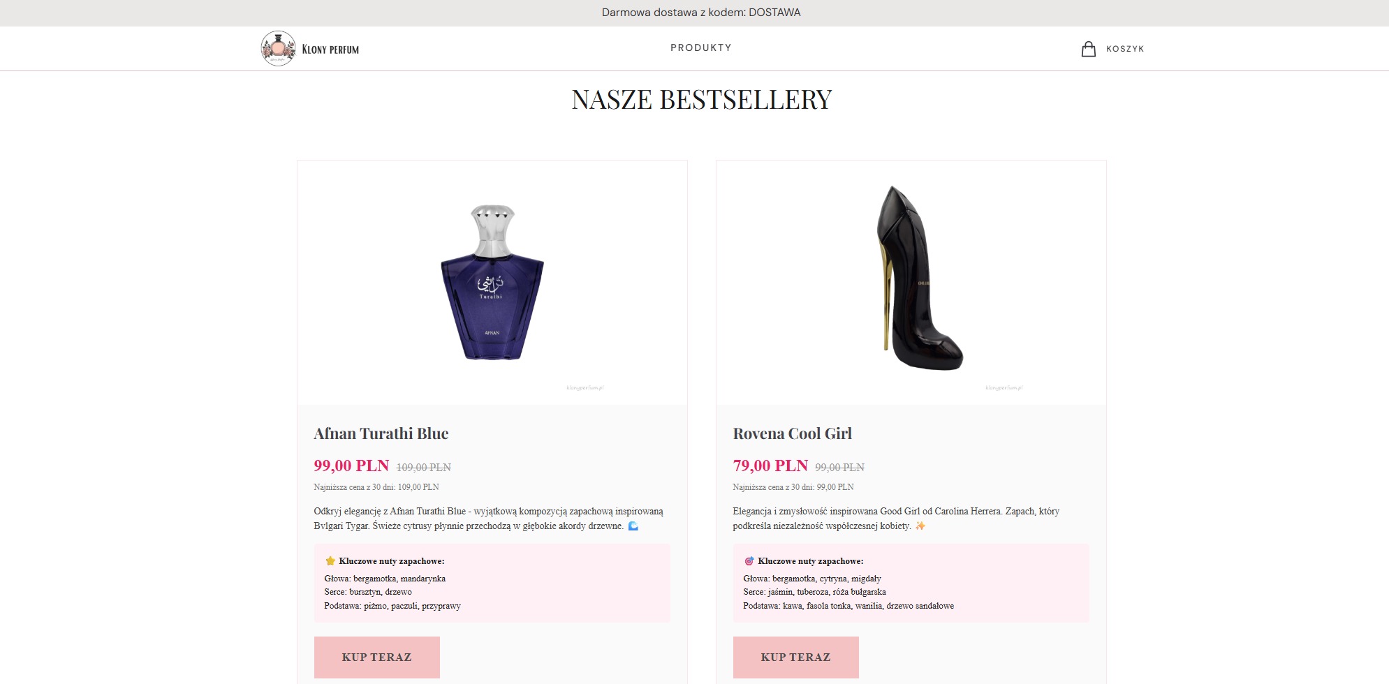 Prezentacja strony internetowej sklepu z perfumami, z widocznymi bestsellerami: Afnan Turathi Blue i Rovena Cool Girl. Minimalistyczny design, jasne tło, wyraźne zdjęcia produktów.