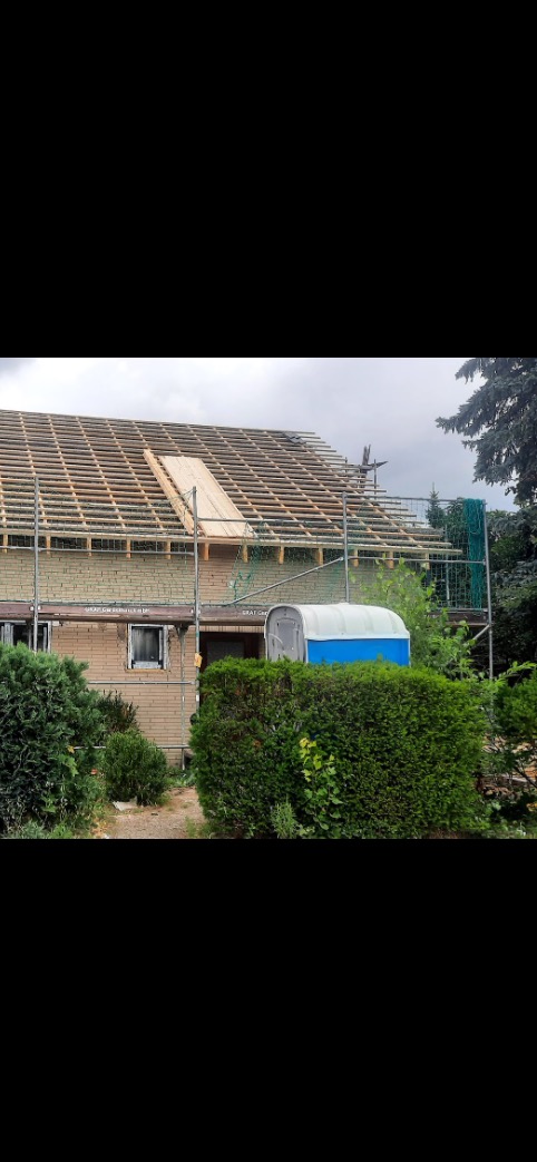 Wymiana więźby dachowej w Łodzi. Widok na konstrukcję dachu z drewnianych belek, zabezpieczoną rusztowaniem. Częściowo położone deski. Na pierwszym planie zieleń.