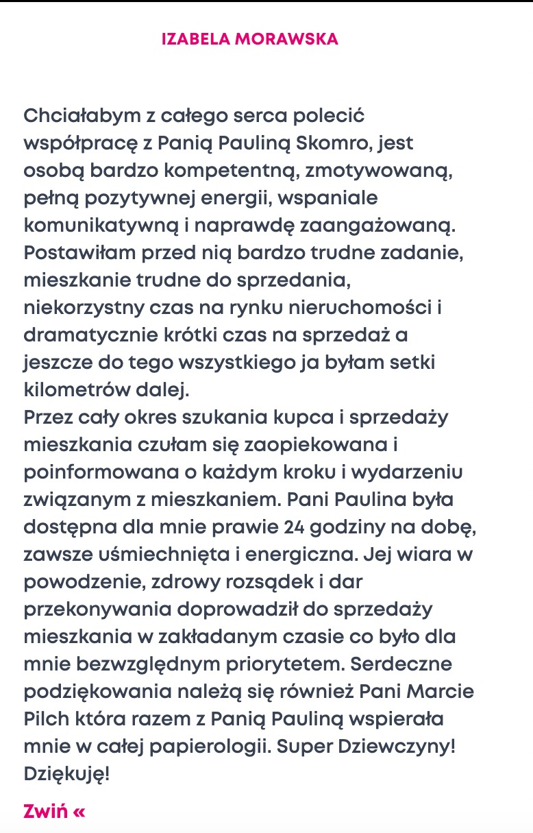 Referencje od zadowolonej klientki Izabeli Morawskiej, polecającej współpracę z agentką nieruchomości Pauliną Skomro przy sprzedaży mieszkania.