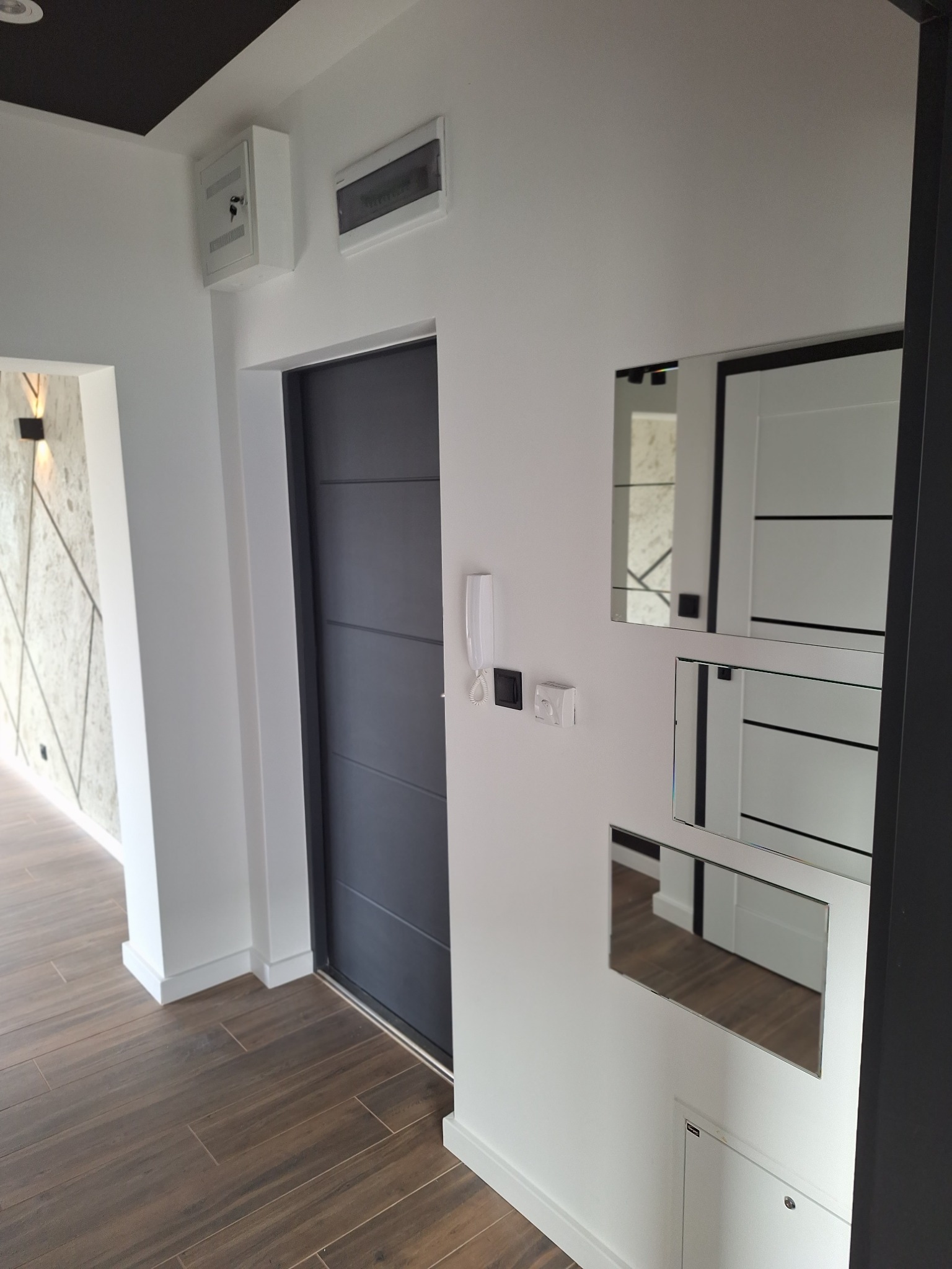 Nowoczesny przedpokój: grafitowe drzwi z panelami, lustra w geometrycznych ramach, drewnopodobna podłoga i białe ściany. Minimalistyczny design z akcentami.
