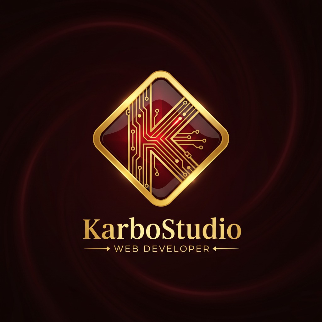Złote logo KarboStudio z literą K w kształcie układu scalonego na bordowym tle, podpisane 'WEB DEVELOPER'. Elegancki design z efektem głębi i subtelnymi refleksami świetlnymi.