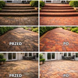 Hipnoterapia Jarosław Obrocki - Porównanie 'przed' i 'po' czyszczenia kostki brukowej, schodów i elewacji. Widoczne efekty usunięcia zabrudzeń i przywrócenia pierwotnego wyglądu powierzchni.
