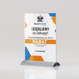 GRAFLY - Stojak reklamowy z podziękowaniem za zakupy i kodem rabatowym -5% firmy RemoTerm24, umieszczony na białym tle. Grafika w kolorach pomarańczowym i niebieskim.