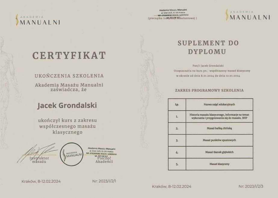 Certyfikat ukończenia szkolenia z masażu klasycznego Akademii Masażu Manualni dla Jacka Grondalskiego, z wyszczególnionym zakresem programowym.