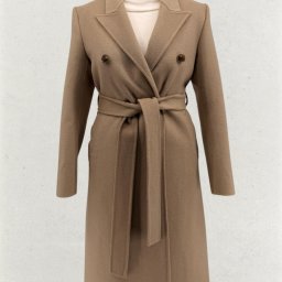 KM INVESTMENT POLAND PATRYK MIŁOSZ - Beżowy, wełniany płaszcz damski z paskiem, dwurzędowy, na manekinie. Widoczne detale: guziki, klapy, wiązanie w pasie. Stonowana kolorystyka, gładka faktura materiału.