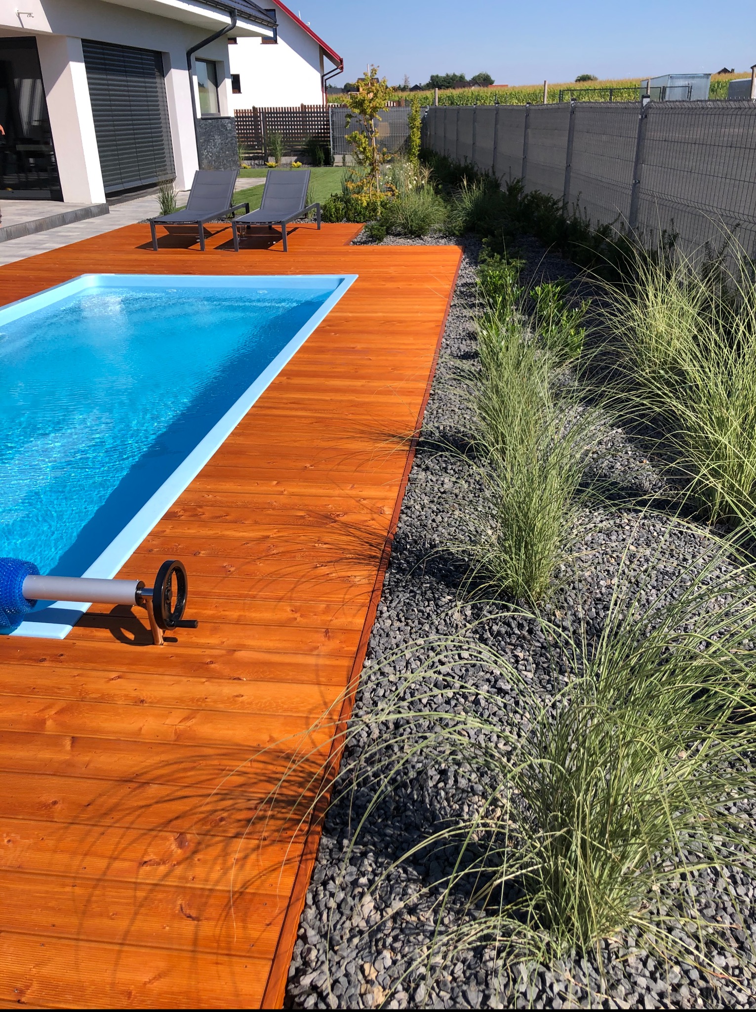 Nowoczesny taras z drewna przy basenie, z leżakami i ozdobnymi trawami na tle ogrodzenia panelowego. Słoneczny dzień, wyraźne detale drewna i roślin.